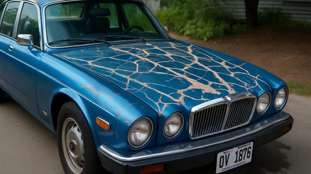 A blue classic car with significant paint peeling and cracks on the hood, showing faded and damaged paint patterns.