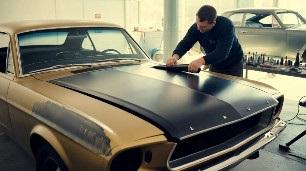 A mechanic carefully applying a black vinyl wrap on the hood of a classic gold Mustang during a car restoration process in a workshop.