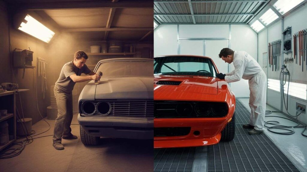 Split-screen image showing the car restoration process: on the left, a mechanic sanding a dusty old car in a workshop, and on the right, the same car fully restored and polished in bright red inside a modern paint booth.