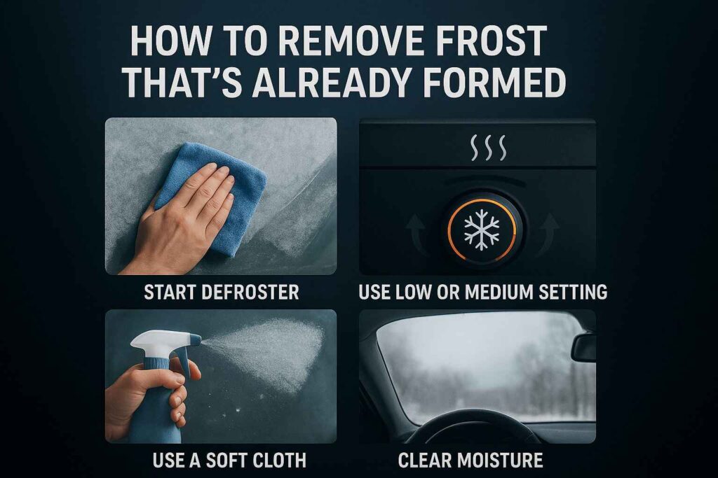 How to Remove Frost’ with four steps — wipe with cloth, adjust defrost knob, spray solution, and clear windshield.