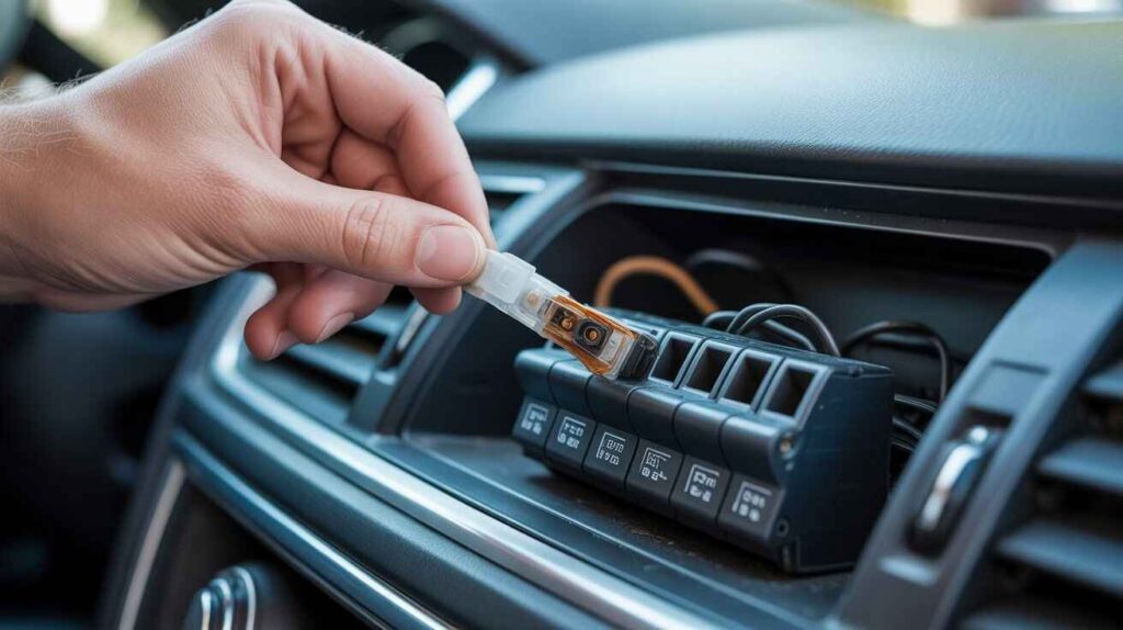 Hand checking and removing a car fuse from the dashboard fuse box inside the vehicle.