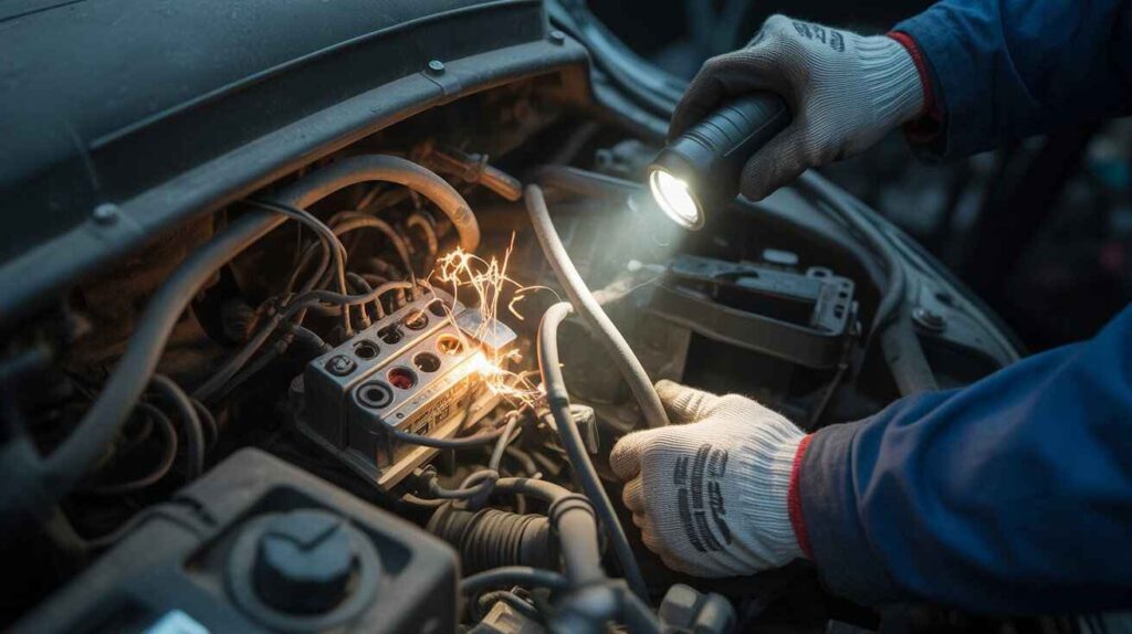 Mechanic checking a car fuse with a flashlight as sparks fly from the fuse connections inside the engine bay.