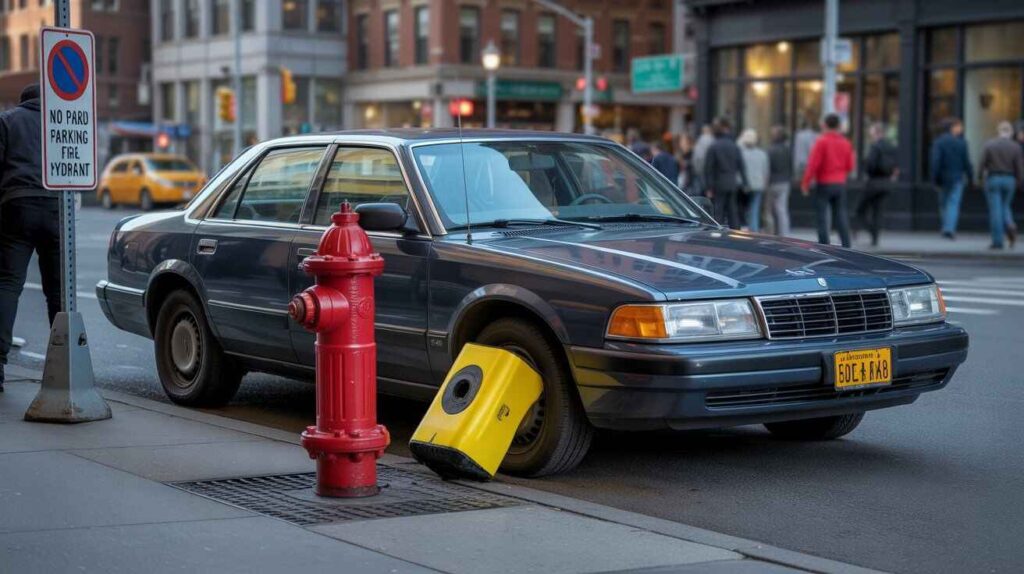A booted car parked illegally in front of a fire hydrant.