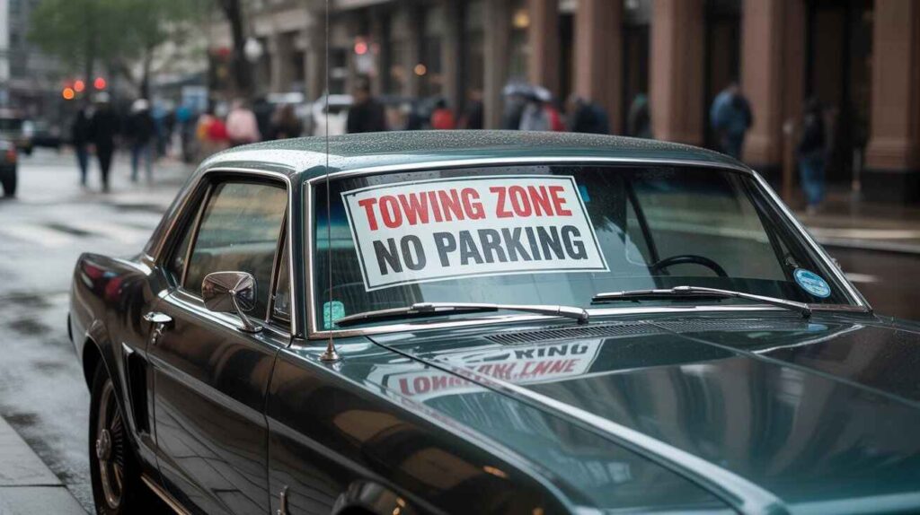 A booted car with a violation notice on its windshield.