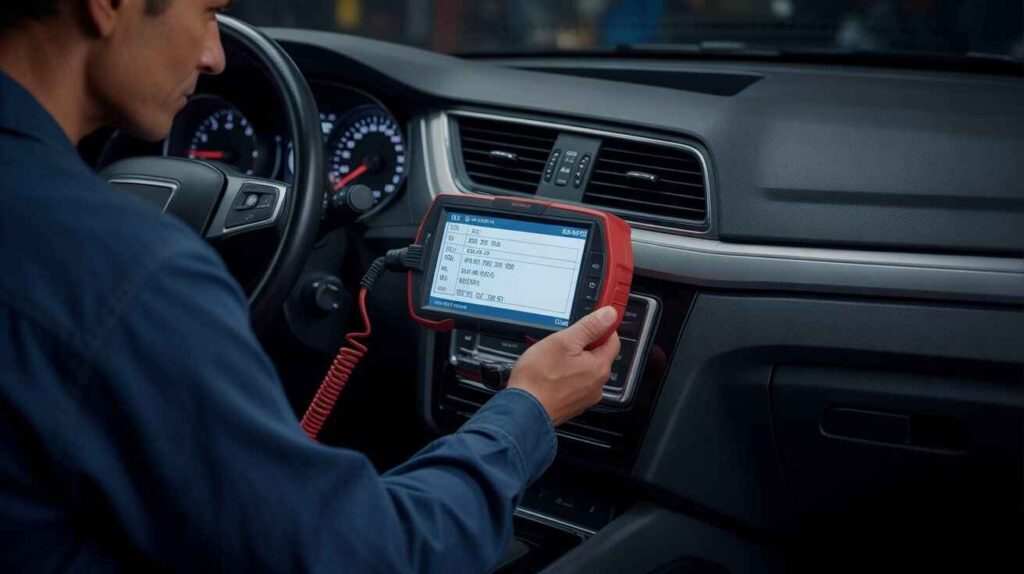 Mechanic using OBD-II scanner to diagnose AC light blinking issues.