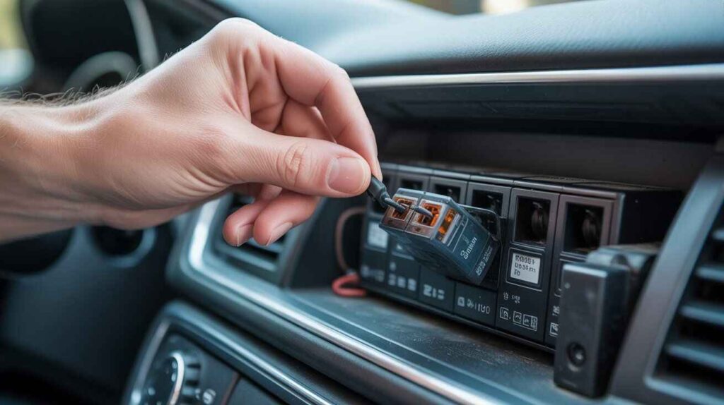 Car fuse box showing AC relay and fuses being inspected for electrical issues.