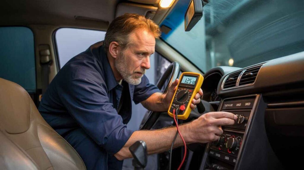 Mechanic testing a car AC fan control switch and relay on the dashboard with a multimeter in lighting.