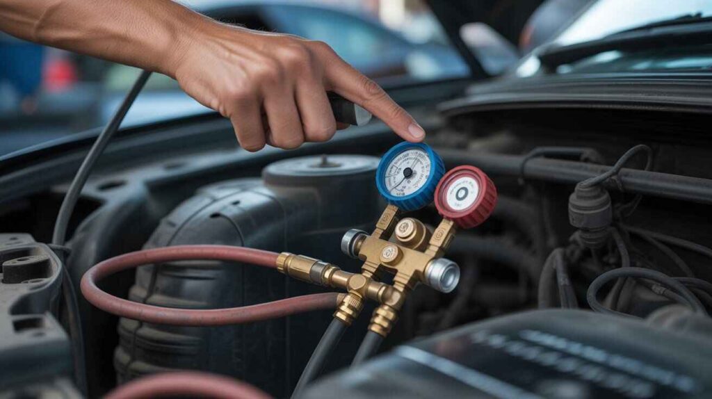 Mechanic checking a faulty AC pressure switch under the car hood.