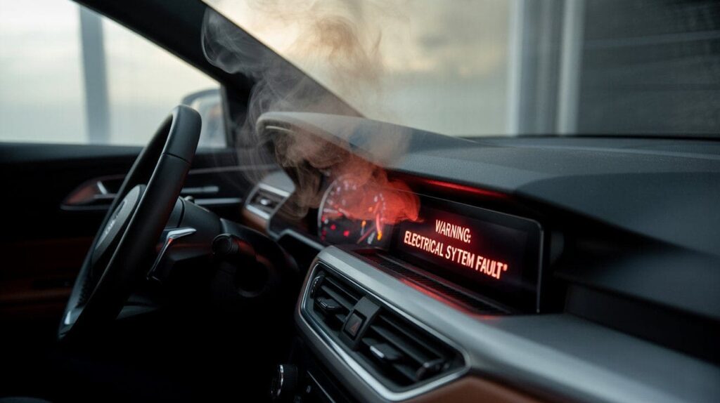 Car dashboard with smoke symbolizing fire hazard from AC system.