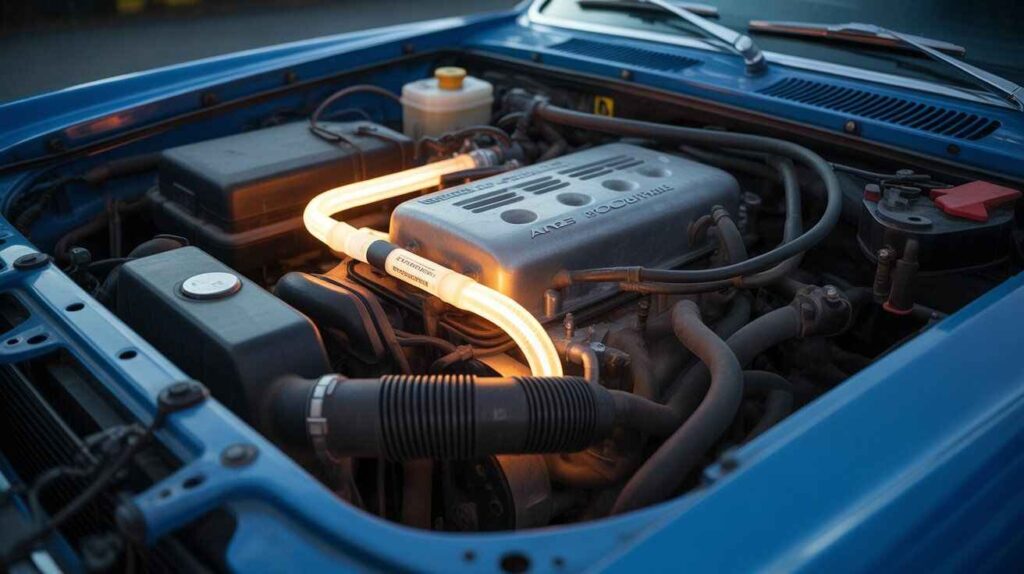 car engine showing AC lines, with the high-pressure line glowing warm and the low-pressure line cooler, highlighting engine hoses and components.