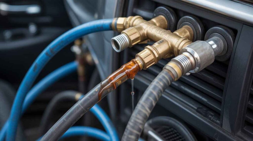 View of car AC lines with oily residue, indicating a refrigerant leak, showing hoses and fittings in the engine bay.