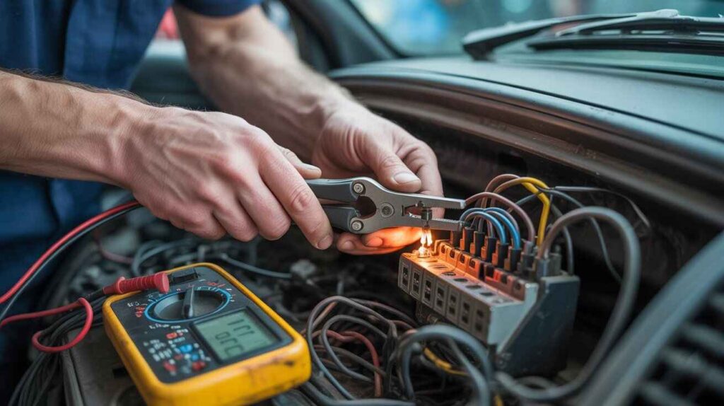 Mechanic using pliers and a multimeter to check car electrical wiring and fuse connections under the hood.