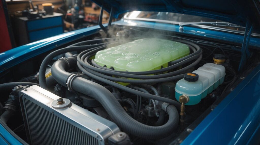 car engine bay with steam and bubbling coolant, highlighting hoses, radiator, and coolant reservoir, showing gurgling noise effect.