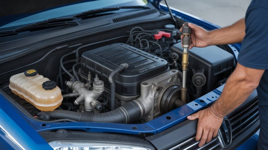 car engine with overfilled oil, clogged PCV valve, and fuel injectors visible, mechanic inspecting engine.