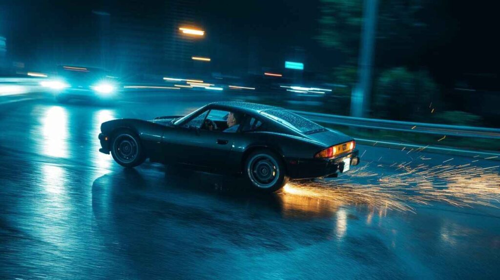 A car cornering on a wet road with sparks near the tire and driver gripping the steering wheel tightly.
