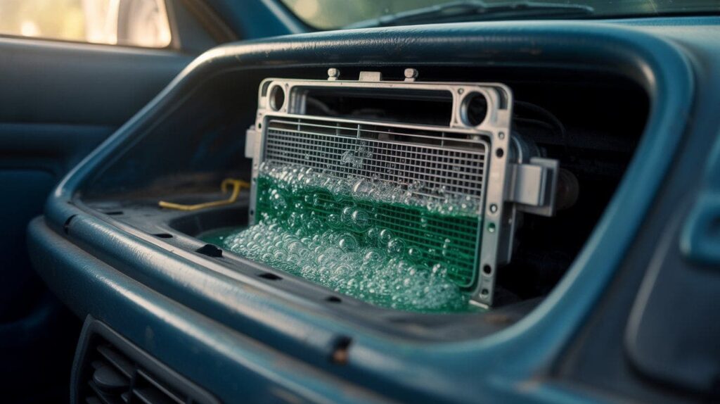 Cutaway view of a car heater core under the dashboard showing air bubbles mixing with coolant.