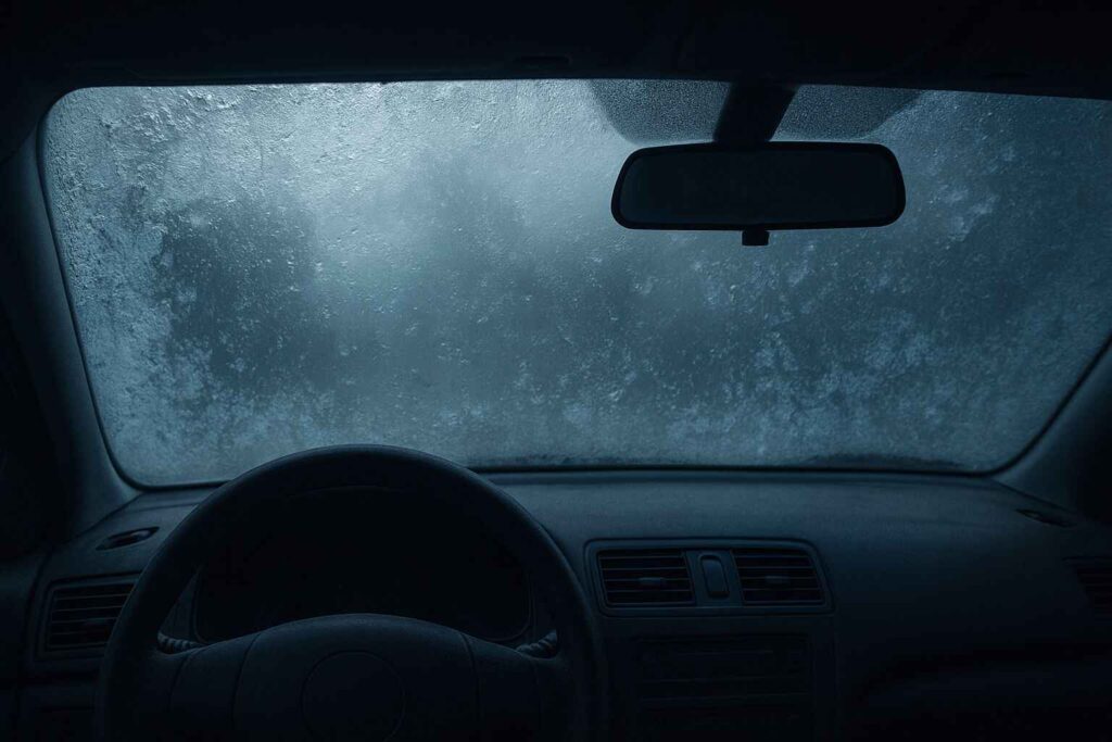 View of a car interior on a cold winter morning with frost on the windshield, condensation on windows, and soft natural light entering the cabin.