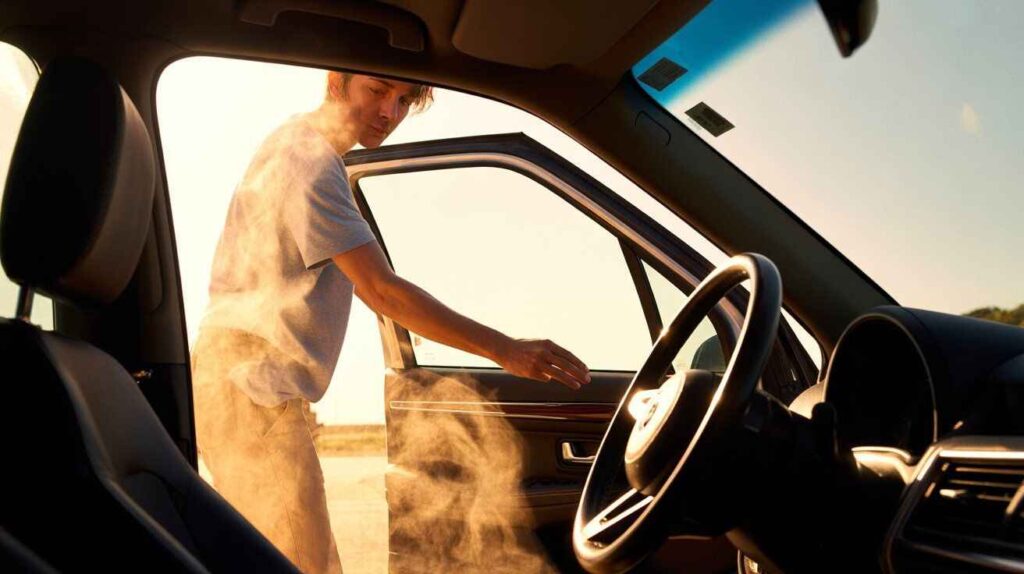 view of a car interior heating up under the sun showing dashboard, steering wheel, and seat temperatures as a driver opens the door.