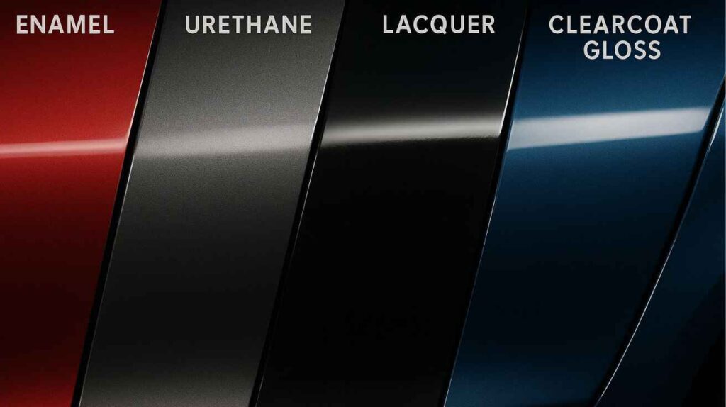 Comparison of car paint finishes including enamel, urethane, lacquer, and clearcoat.