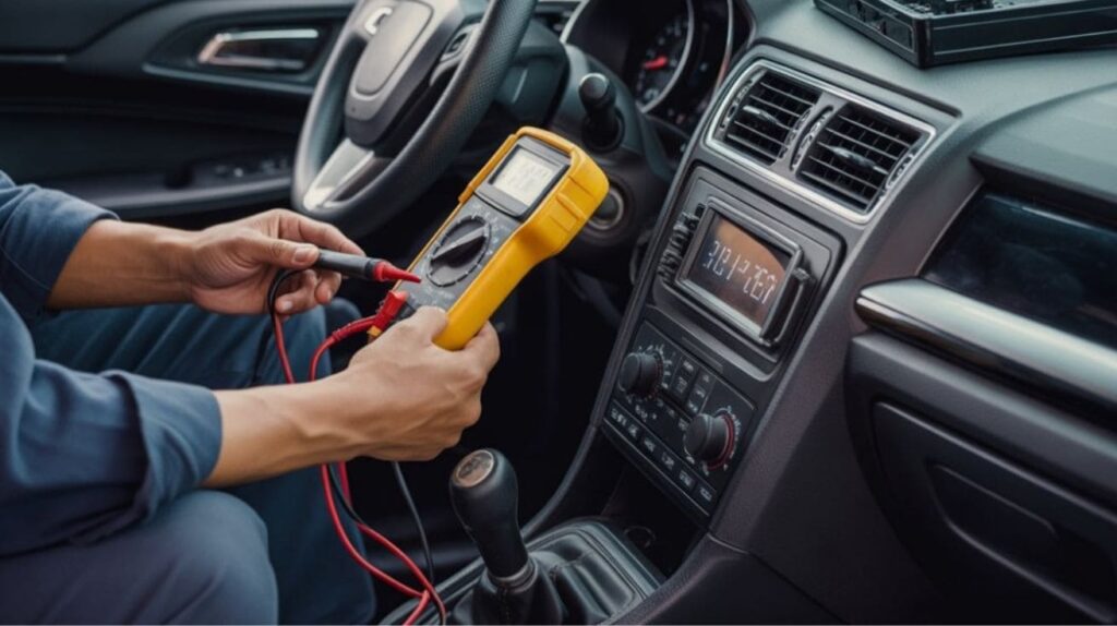 Mechanic testing car radio wiring with a multimeter inside vehicle dashboard.