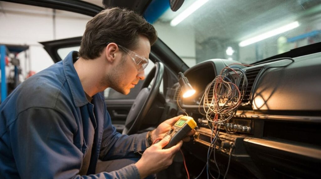 Mechanic using a multimeter to test car stereo wiring and dashboard connections.