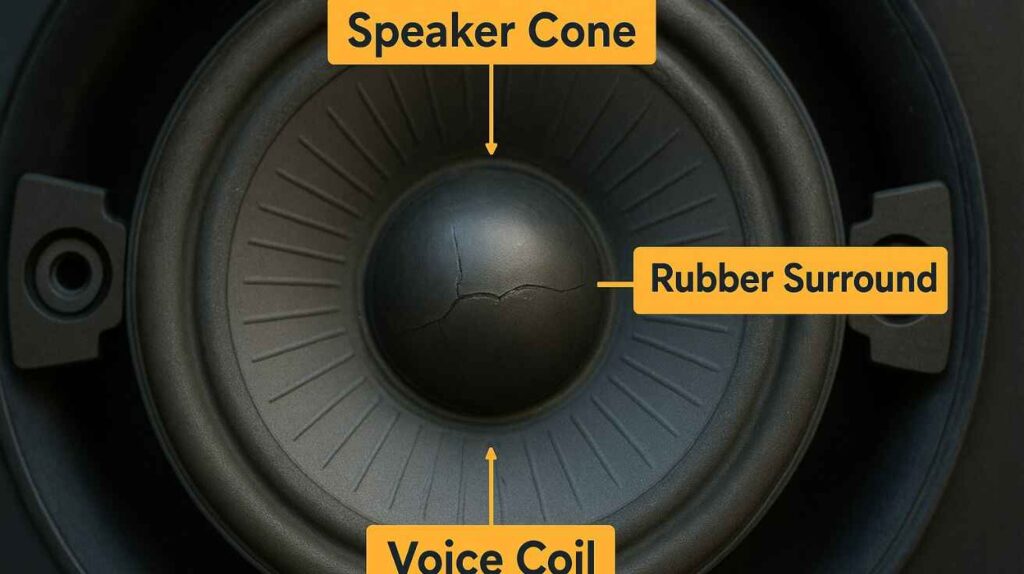 Close-up of a car speaker cone, rubber surround, and voice coil showing worn edges and cracks, educational view of speaker components.
