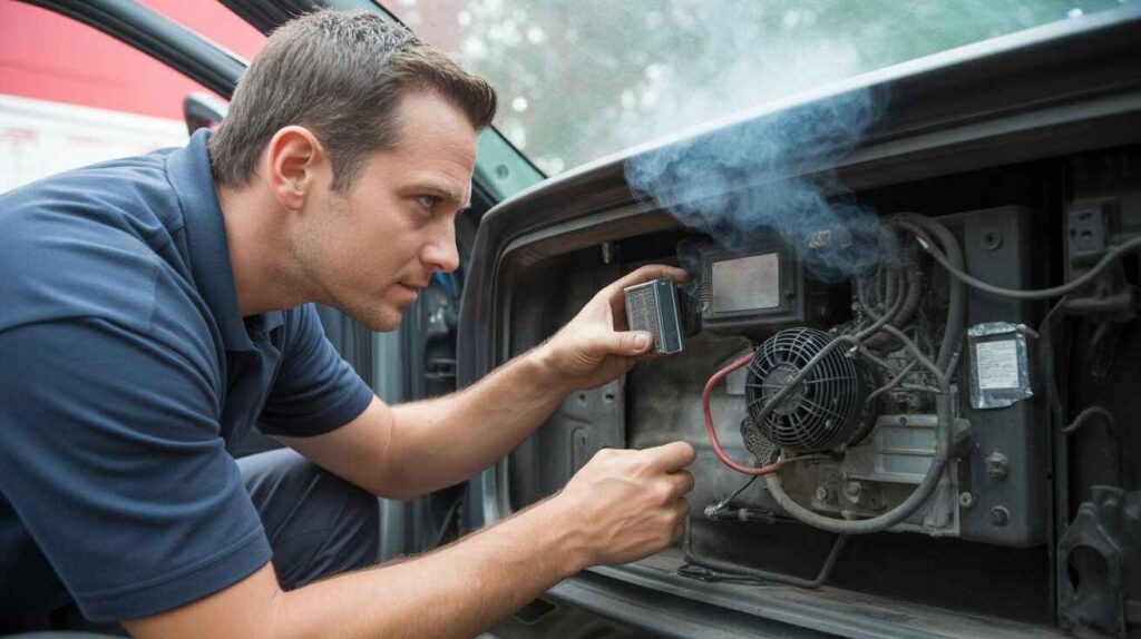 Mechanic checking car AC wiring and blower motor for electrical issues and burning smell, realistic cinematic angle.