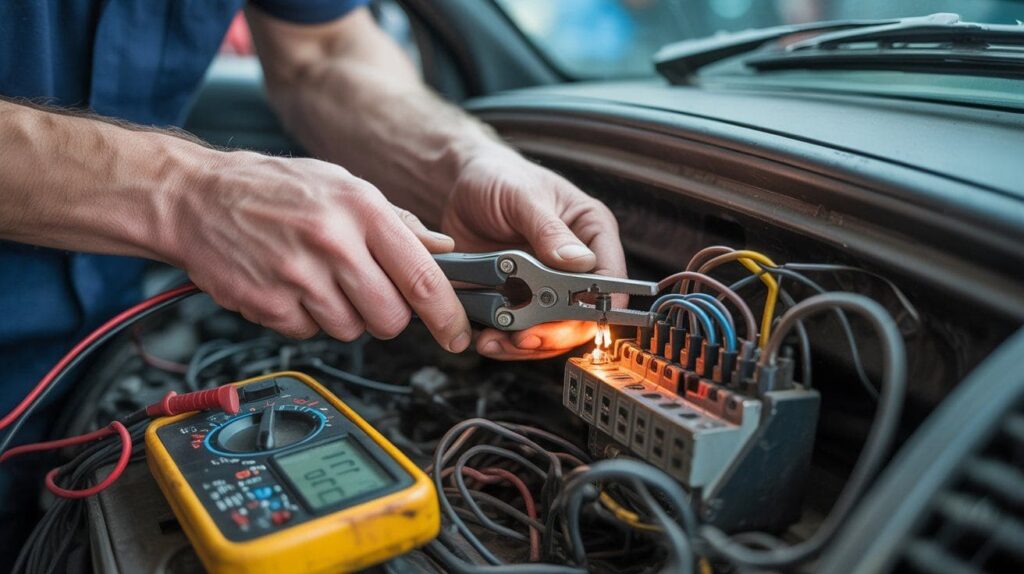 A car’s fuse box being checked by a mechanic with a multimeter. A blown fuse is being removed with a fuse puller tool.