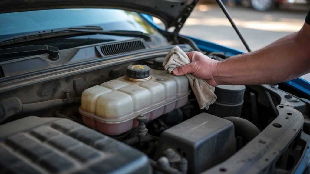 Person checking low coolant level in a car’s coolant reservoir under the hood.