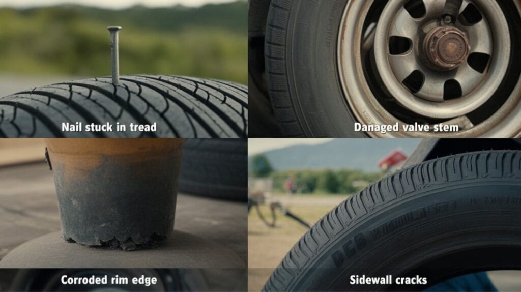Collage of common reasons car tires lose air, including nail puncture, damaged valve stem, corroded rim, and cracked sidewall.
