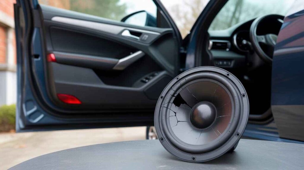 Damaged car speaker removed from door, showing cracked cone on a table with blurred car door panel in background.