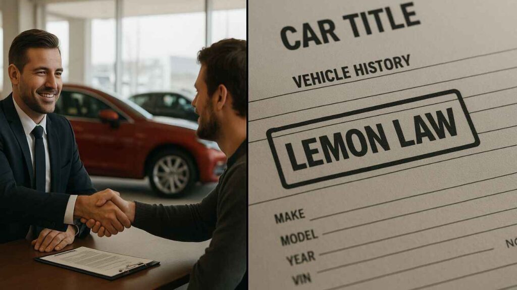 Visual comparison between a dealer buyback with handshake and a manufacturer lemon law buyback document.