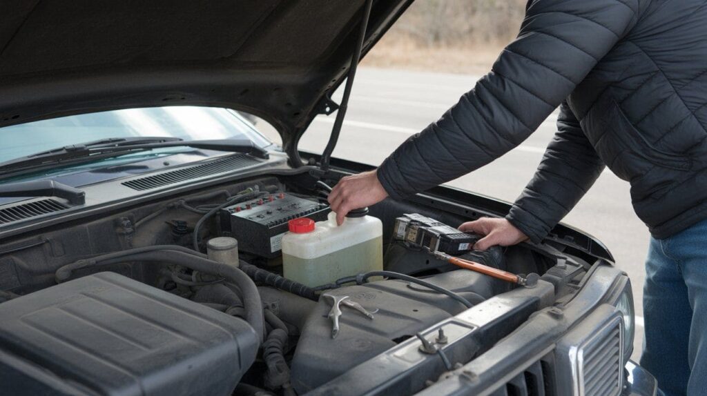 Car owner performing DIY checks on cooling system and relays.