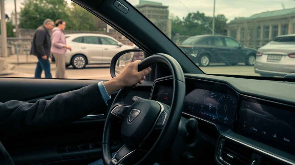 Driver pressing the steering wheel horn, but the car horn sounds weak, with traffic and pedestrians visible outside.