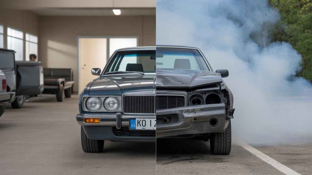 Comparison of a well-maintained car versus a damaged car showing how condition affects buyback value.