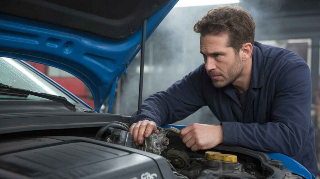 Mechanic checking car engine for leaking fuel injector causing alcohol-like smell.