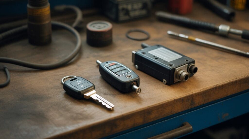 A transponder key, an ignition receiver module, and an ECU module arranged on a mechanic’s workbench.
