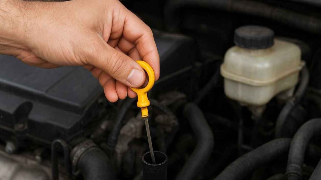 Mechanic checking low power steering fluid reservoir under car hood with dipstick, engine parts blurred in background.