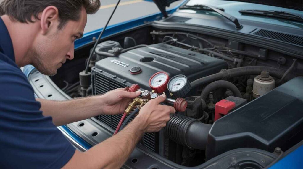 Mechanic inspecting a car AC system in the engine bay, checking hoses and using gauges.