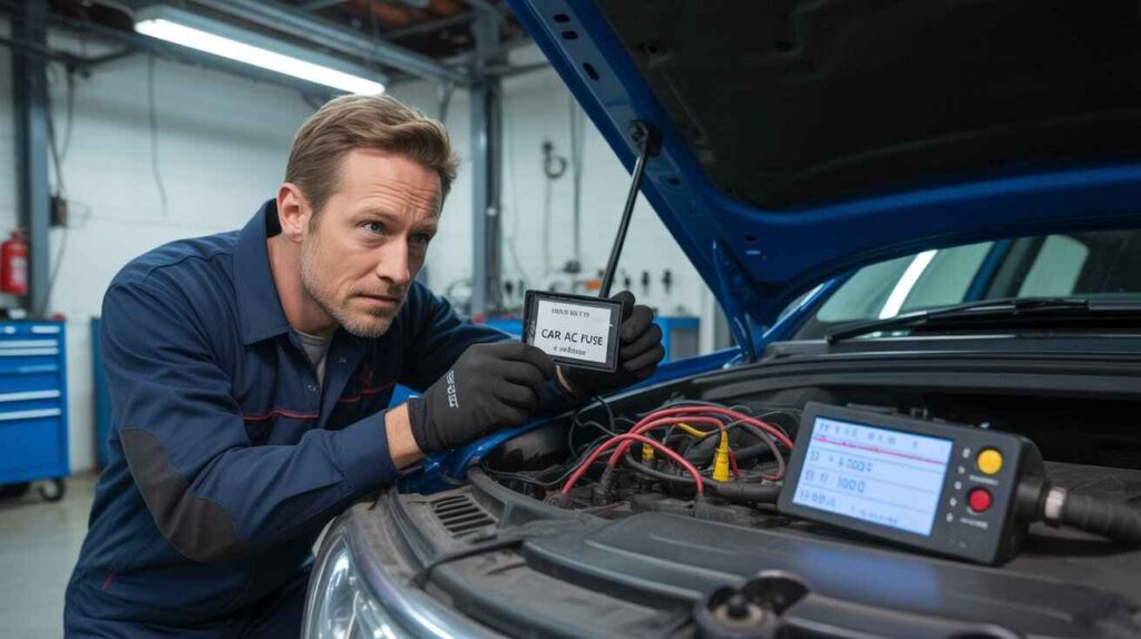 A mechanic inspecting a car AC fuse under the hood with diagnostic tools connected to the engine in a workshop.