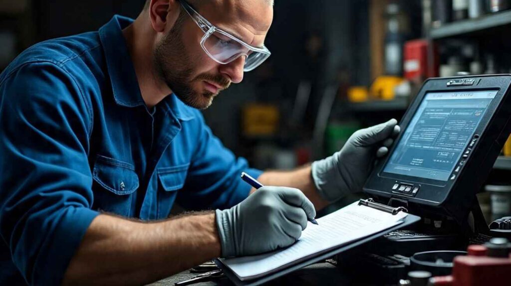 Mechanic wearing gloves and safety glasses inspecting a car battery with tools while holding a checklist clipboard in a workshop.