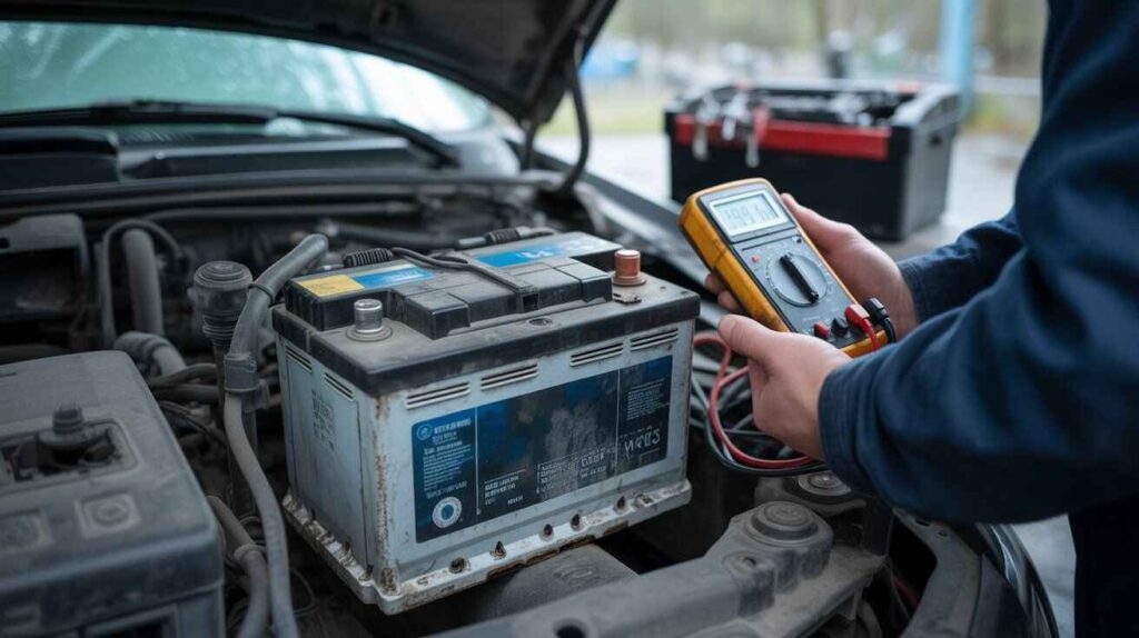 Mechanic using a multimeter to check car battery voltage with clean and shiny terminals in a garage.