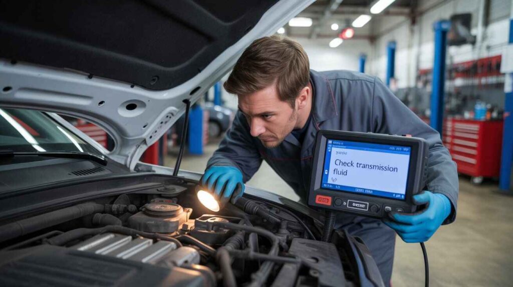 A mechanic inspecting a car engine using a diagnostic scanner that displays 'Check transmission fluid.