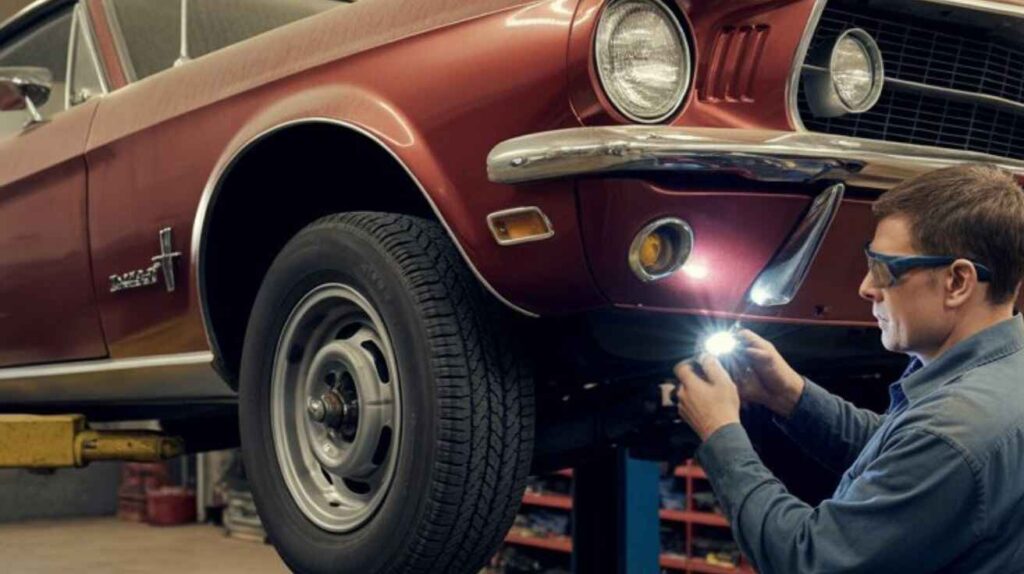 A car lifted on a hydraulic jack with a mechanic using a flashlight to inspect wheels, brakes, and suspension in a garage.