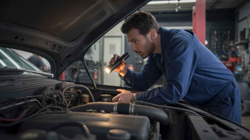 Mechanic inspecting car engine bay with flashlight to diagnose alcohol-like smell.