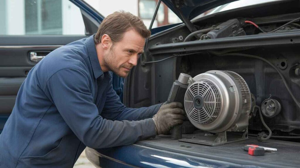 Mechanic inspecting a car blower motor with tools nearby under soft lighting.