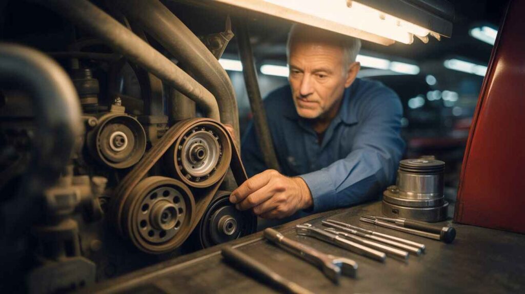 Experienced mechanic checking engine belts and pulleys under workshop light with tools on the table.