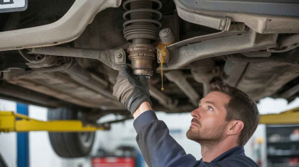 Mechanic inspecting a worn CV joint and axle under a lifted car with grease leaking from a torn boot.