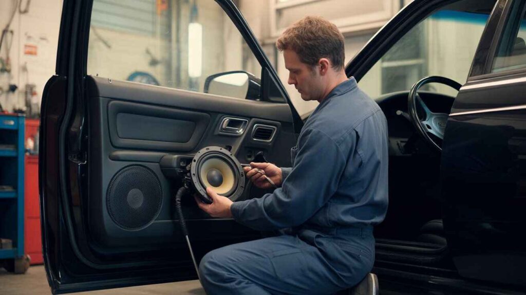 Mechanic repairing a car speaker inside an open car door panel in a garage with tools visible in the background.
