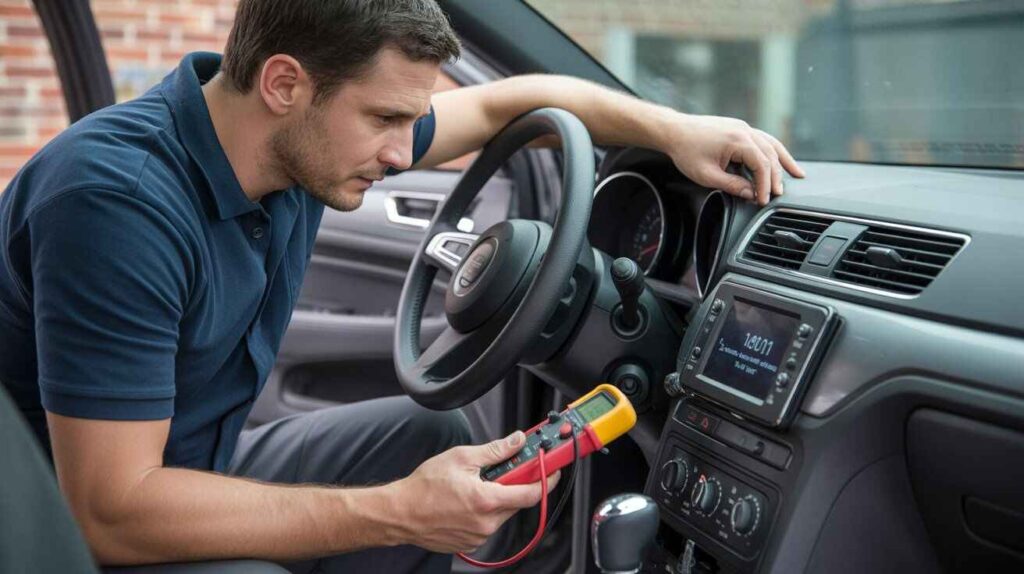 Mechanic troubleshooting a car AC system with a multimeter, dashboard air conditioning controls visibible lighting.